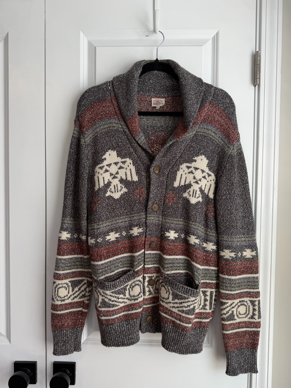 Faherty Men’s Thunderbird Cardigan Gray Red Size Medium
